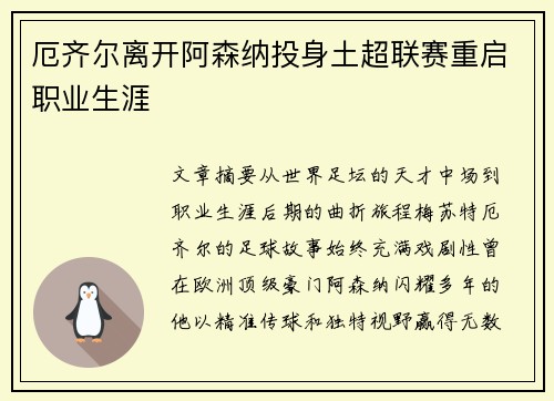 厄齐尔离开阿森纳投身土超联赛重启职业生涯