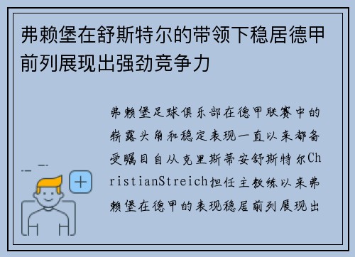 弗赖堡在舒斯特尔的带领下稳居德甲前列展现出强劲竞争力 弗赖堡在舒斯特尔的带领下稳居德甲前列展现出强劲竞争力